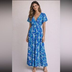 Abel‎ The Label Anthropologie Blue Boho Smocked V Neck Maxi Dress Small Dress Up